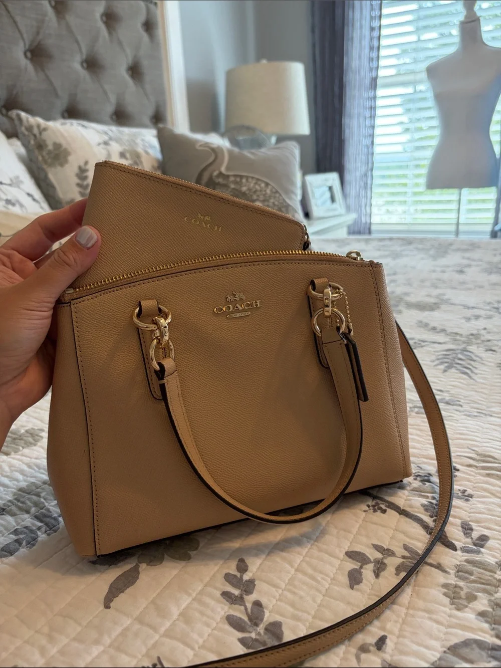Coach Pebbled Leather Satchel in Beige with Gold Hardware with Matching Wristlet